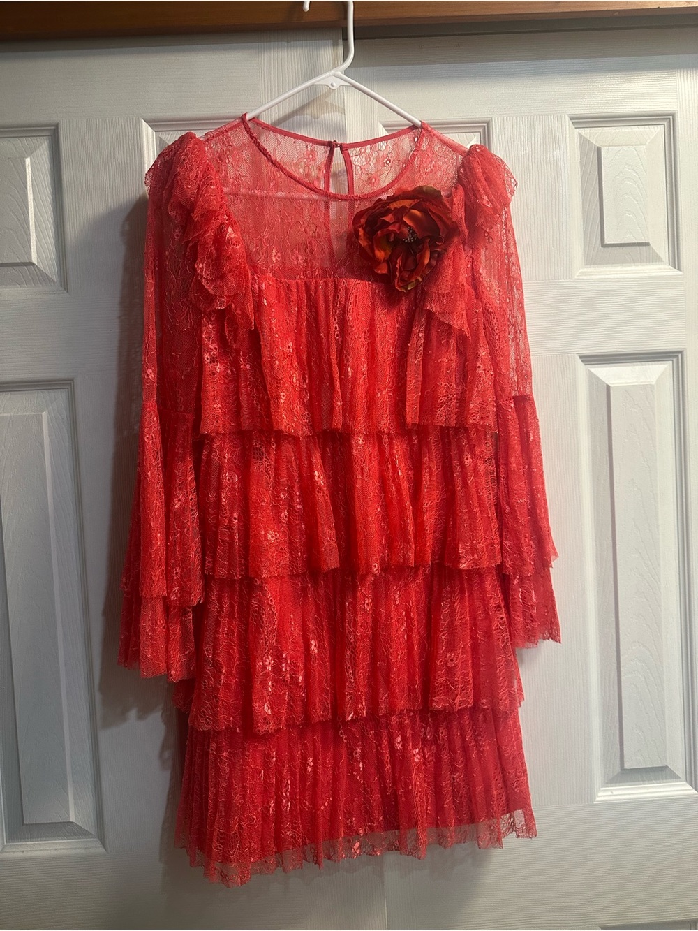 Badgley Mischka Coral-Red Lace Tiered Mini Dress with Floral Accent